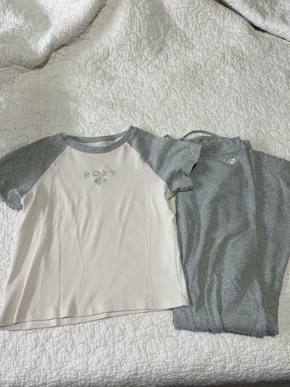 Roxy White and Gray Raglan Tee Loungewear Set with flare pants